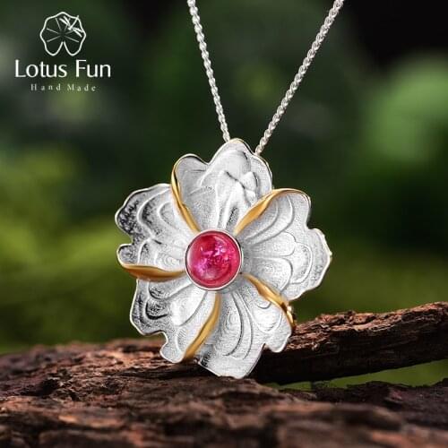 Lotus Fun Real 925 Sterling Silver Natural Tourmaline Handmade Fine Jewelry Peony Flower Pendant without Necklace for Women