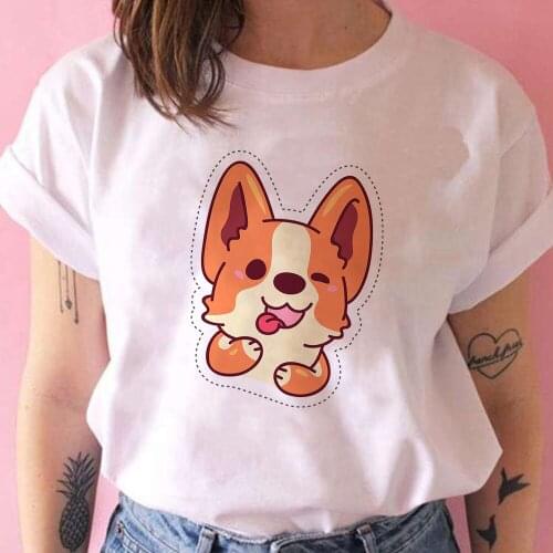 T Shirt Women Streetwear Tongue Corgi Printed Vogue Clothes Vetement T Shirt Creative Retro Life Soothing Cartoon Short Sleeve
