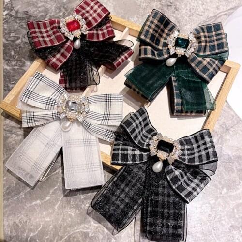 Bow Tie Collar Flower Korean Version Plaid Double-layer Lace Rhinestone Bowknot Womens Shirt Accessories Corsage Pins
