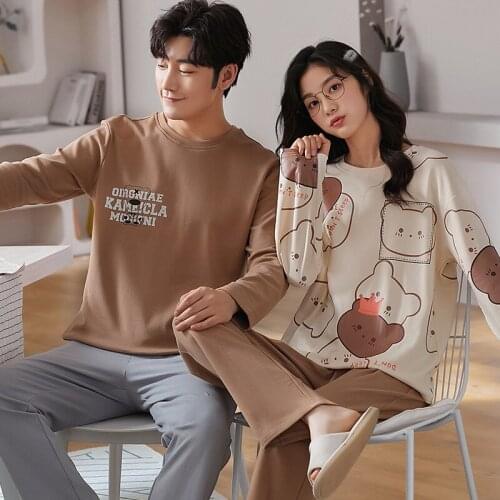 Cotton Pajama Sets Autumn Womens Sleepwear Two Piece Home Suit Clothes Long Sleeve Cartoon Pyjamas Mens Home Clothes Nightwear