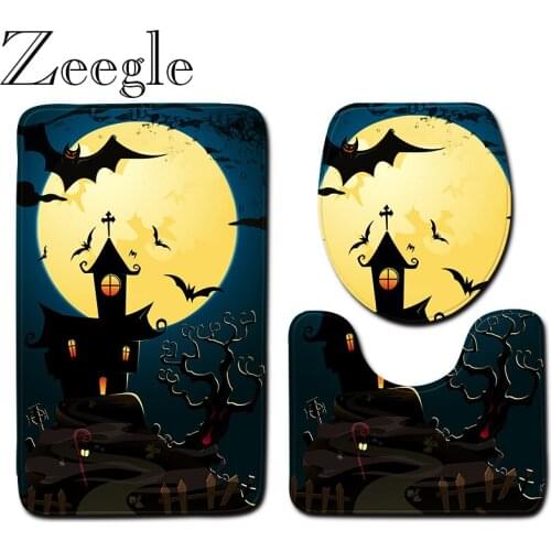Halloween Bath Mat Bathroom Mat Set Anti-slip Toilet Pedestal Rug Bathroom Doormat Absorbent Shower Carpet Foot Mat Toilet Rug