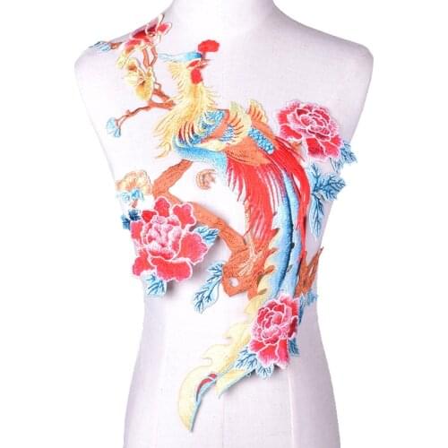 Red Organza Gold Thread Phoenix Feather Tail Embroidery Cloth Lace Patch Applique Stage Wedding Dress Fabric Accessories