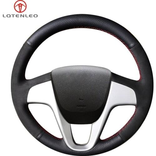 LQTENLEO Black Genuine Leather Suede Car Steering Wheel Cover For Hyundai Solaris Verna 2010-2016 i20 2008-2014 Accent 2012-2017
