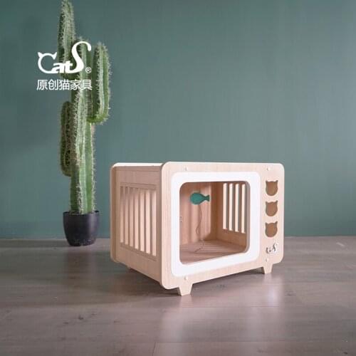 Small Cat Furniture Retro Color Matching Wooden Cat House Cat Litter Cat Toy