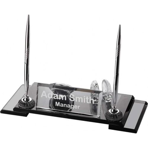 Crystal Glass Desk Name Plate and Pen Desk Stand Set - Personalized Name Plate, Crystal Clock, Custom Engraved Awards, Teachers