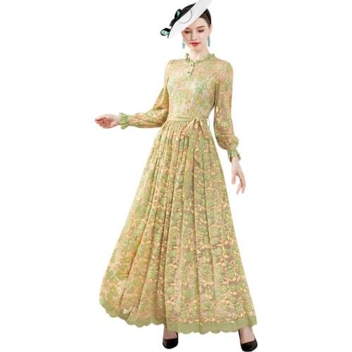 2020 Autumn Lace Long Dress Women Long Sleeves Dress Ankle-Length England Style Plus Size Dress DZ1247