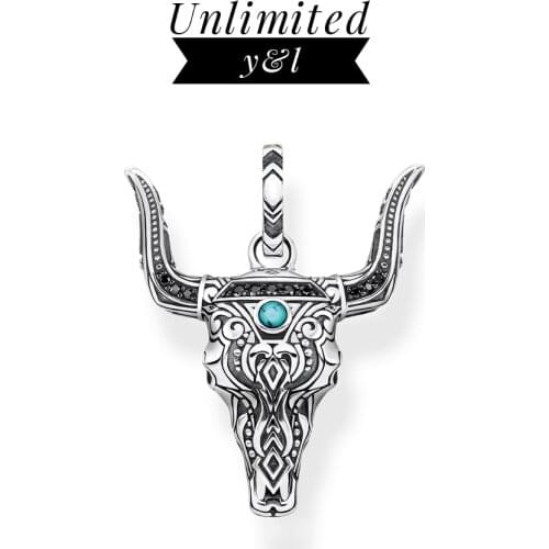 Blue Stone Bull Head Pendants 925 Sterling Silver Skull Punk Jewelry Accessories fit Necklace Women Men 2020 Summer New Gift