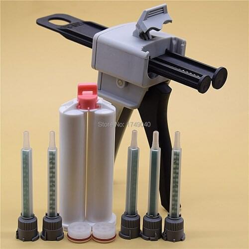 Manual Caulking Gun Universal 50ml 1:1 1:2 AB Glue Gun with 50ml 1:1 Empty Dual-Barrel Cartridge and 5pc 1:1 Mixing Nozzles Tube