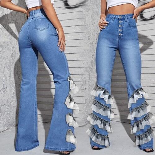 Sexy Puffy Mesh Layered Ruffle Flare Jeans Women Pants High Waist Clubwear Trousers Streetwear Button Fly Denim Pants Femme