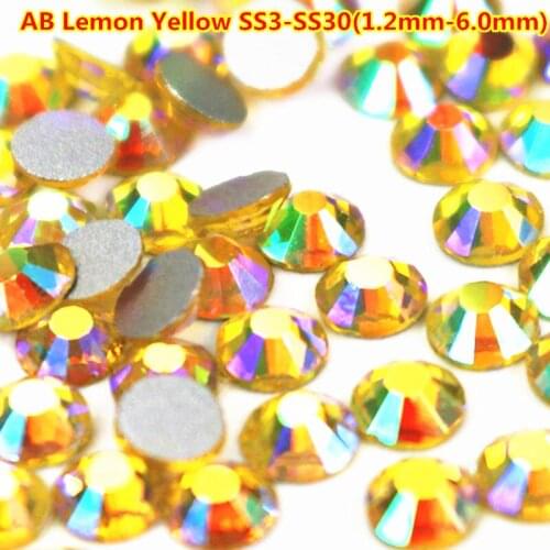 Free Shipping ss3-ss30 (1.2mm-6.0mm) AB Lemon Yellow Flatback Non Hotfix Glass Crystal Nails Rhinestone ss10 ss16 ss20 nagelart