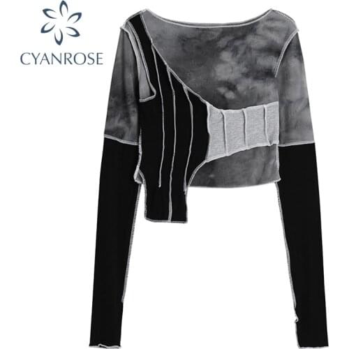 Irregular Patchwork Crop Bodycon T Shirt Women Long Sleeve Streetwear Chic Tees O Neck Ins 2021 Ulzzang Casual Loose Tide Tops