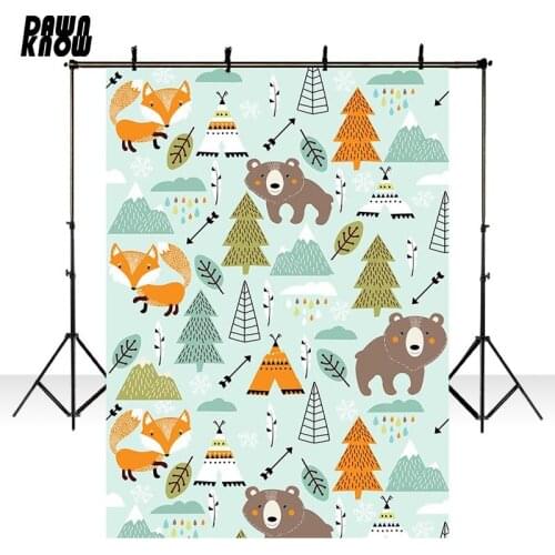 DAWNKNOW Cartoon Bear Vinyl Photography Background For Newborn Fox Tree Photo Shoot Backdrop For Wedding Photo Studio lv589