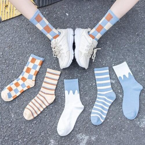 Japanese Blue Striped Soft Crew Socks Girls Korean Street Harajuku Cute Stitching Plaid Cotton Retro Skateboard Women Long Socks