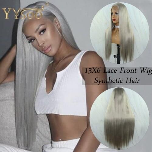 YYsoo Long Silk Straight Grey Color Synthetic Lace Front Wigs13x4 Half Hand Tied Wig Glueless Heat Resistant Daily Use Soft Wig