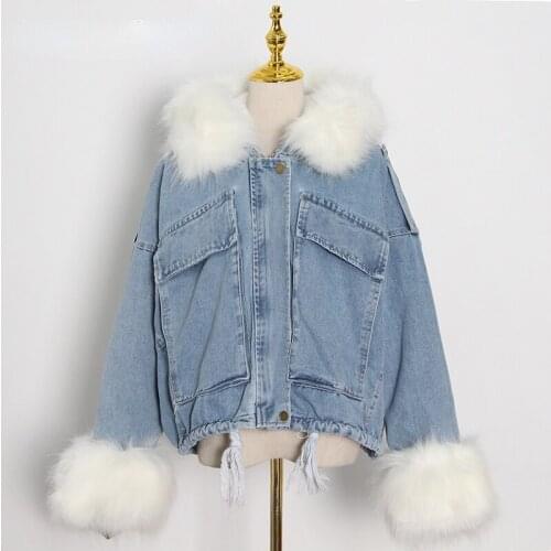 Patchwork Fluff Denim Jacket for Women Casual Hooded Collar Long Sleeve Thick Coats Female Fashion Clothing 2021 New Winter