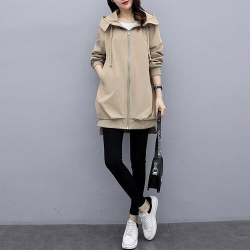 Spring And Autumn New Fashion Womens Zipper Pocket Loose Casual Hooded Windbreaker Lady Mid Long Solid Color Coat