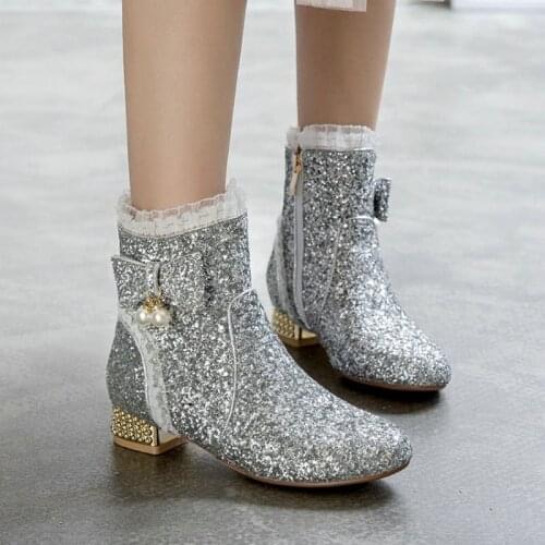 Sianie Tianie 2021 Winter Fall Cosplay Cute Girls Shoes Sequined Fabric Glitter Bling Bling Pink Lace Ruffles Women Ankle Boots