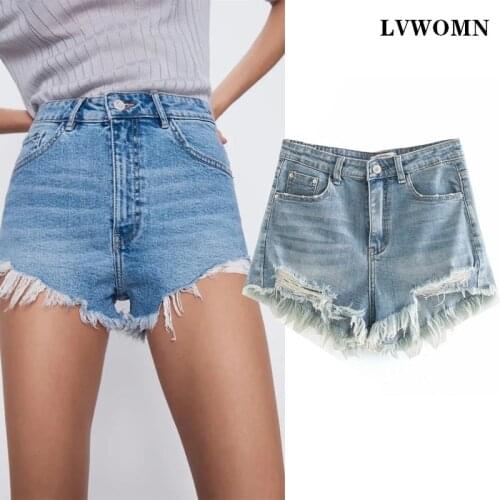 LVWOMN Za Shorts Women Summer Denim High Waisted Short 2021 Fashion Ripped Frayed Hole Slim Woman Clothes Denim Shorts 3 Colors