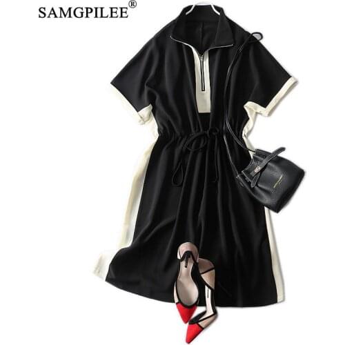 Dresses Summer 2021 Ladies Stand Collar European Style Patchwork Slim Knee Length Short Sleeve Drape Black Floral Dress Women
