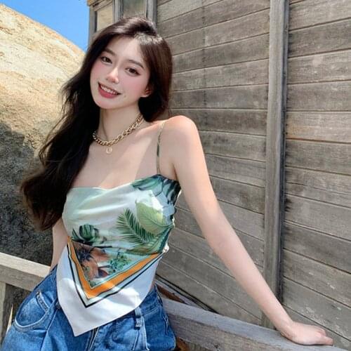 2021 Summer Womens Beach Holiday Elegant Crop Top Vintage Printed Sleeveless One-Piece Sexy Bandage Tops