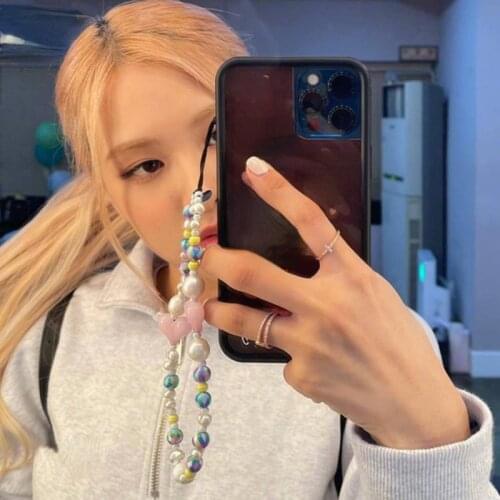 2021 Chic Beaded Anti-lost Phone Chain Heart Colorful Beads Lanyard Charm Strap Mobile For Girls Phone Accessary