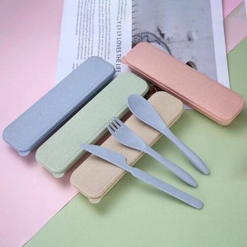 3pcs/set Travel Cutlery Portable Cutlery Box Knife Fork Spoon Sets Japan Style Wheat Straw Kitchen Tableware Student Dinnerware