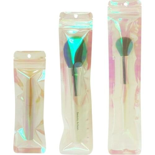 50pcs Reclosable Holographic Plastic Zip Lock Gift Package Bag Flat Pouches Cosmetic Makeup Hologram Zipper Bags with Hang Hole