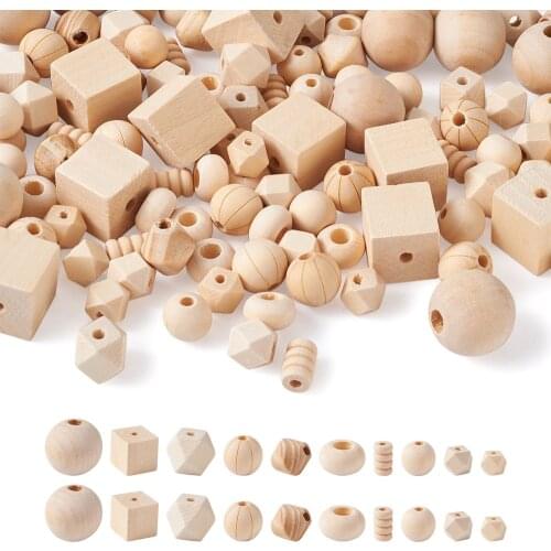 150pcs/bag Unfinished Wood Beads Mixed Polygon Round Column Shape Natural Wooden Bead DIY Handmade Jewelry Making Accessories