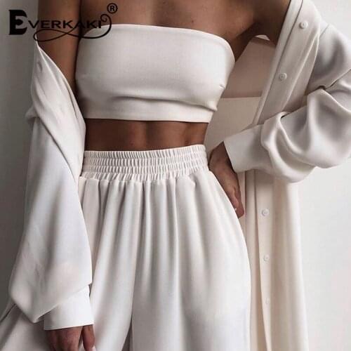 Everkaki Tube Bra Pants Robe 3PCS Sets Suits Women Boho Solid Oversized Home Ladies Summer Elegant Simple Chic Sets Female 2021