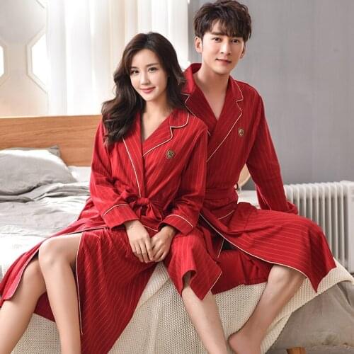 Spring Autumn Bathrobe Couples Cotton Kimono Wedding Festive Red Robes For Male Striped Long Bath Robe Bride Robe Dressing Gown