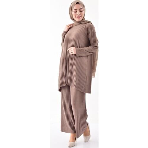 Hijab Clothing Tunic Pants Dual Suit Mink Color Muslim Fashion-09