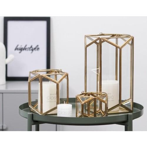 European Style Copper-plated Geometric Glass Cover Portable Candle Holder Decoration Living Room Decoration Wedding Decoration