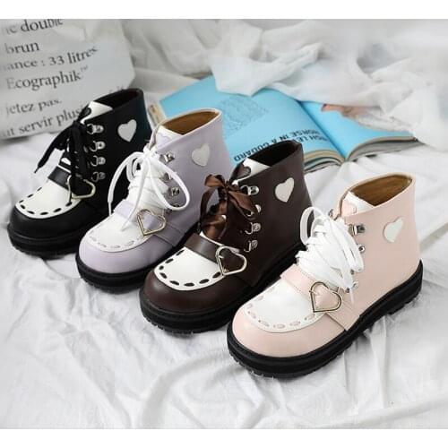 Sweet Lolita Girls Heart Buckle Strap Lace-up Leather Ankle Boots