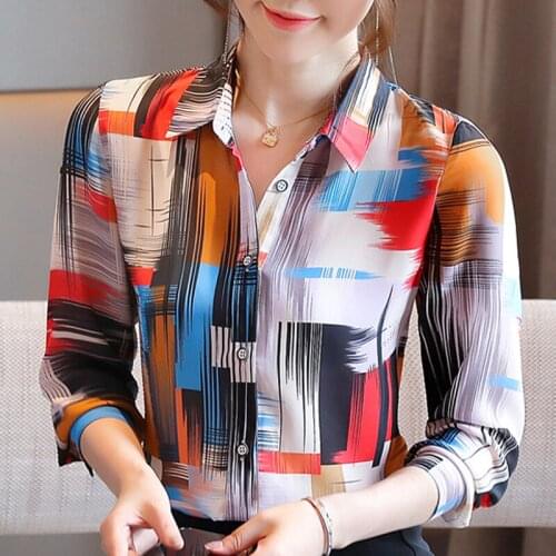 Blusas Mujer De Moda 2021 Blouse Women Turn Down Collar Office Blouse Tops Long Sleeve Print Chiffon Blouse Shirt Blusa D441