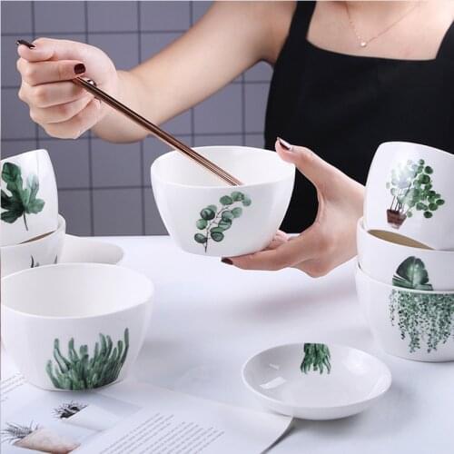 Nordic Bowl Green Plant Square Bowl Home Rice Bowl Ceramic Salad Dinner Bowl Set Tableware Creative