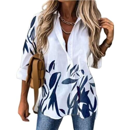2021 Summer Womens New Fashion Womens Fashion Printing Long-Sleeved V-Neck Shirt Blouse