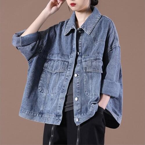 Fall New Women Denim short Jackets 2021 Lapel Long Sleeve Casual Jeans Jackets Vintage Loose Coats Single Breasted Oversize s822
