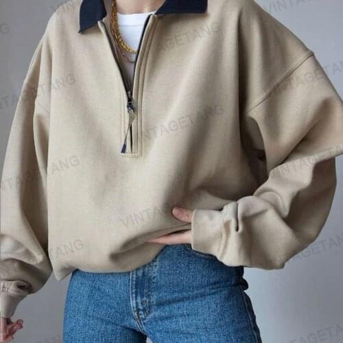 Retro Khaki Solid POLO Shirt Sweatshirt Oversized American Casual Streetwear Long Sleeve Tops 2021 Autumn Korean Fashion Clothes