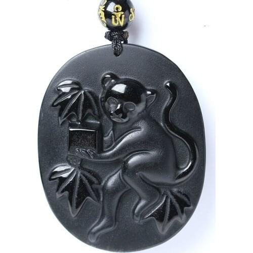 Natural Black Obsidian Beads Necklace Hand-Carved Zodiac Monkey Jade Pendant Charm Jewelry for Man Women Auspicious Amulet Gifts
