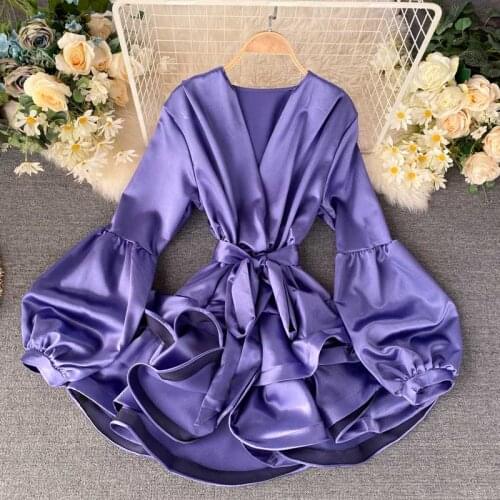 NiceMix Ladies Shirt Dress Women Clothes Satin Vestido V-Neck Long Flare Sleeve Irregular Lacing-up High Waist Skinny Solid