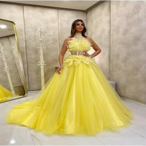 Feather prom dresses 2021 yellow high neck ball gown tulle lace sheer long evening dresses gowns