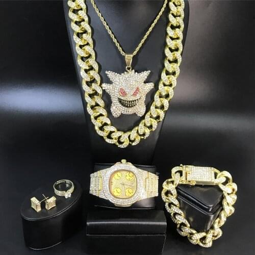 Luxury Man Watch & Necklace & Braclete & Ring & Earrings Combo Ice Out Cuban Jewerly In Crystal Neckalce Chain Hip Hop For Men