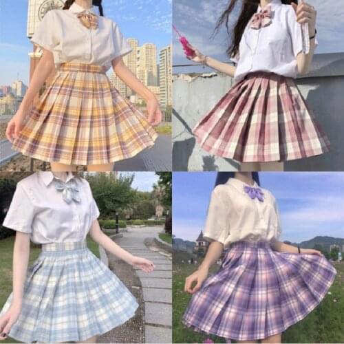School Girl Uniform Pleated Skirts Women Preppy Style Japanese School JK Uniform High Waist A-Line Plaid Skirt Sexy Full set