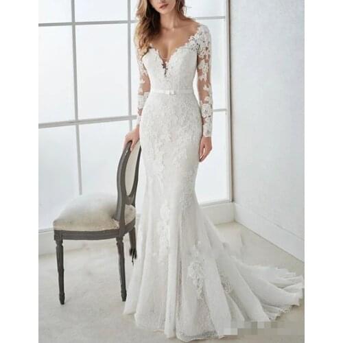 2020 Mermaid Wedding Dress V Neck Sweep Train Lace Tulle Long Sleeve Country Illusion Sleeve Bridal gown