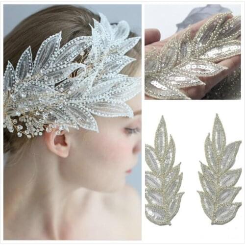 Champagne Beaded Embroidery Lace Applique Bride Wedding Headdress Wedding Shoes Clothes DIY Silver Sequin Cloth Sticker