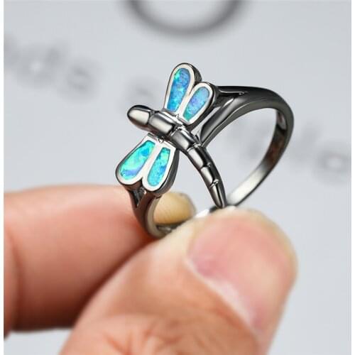 Creative Animal Dragonfly Engagement Ring Boho Female Blue Fire Opal Stone Ring Vintage 14KT Black Gold Wedding Rings For Women