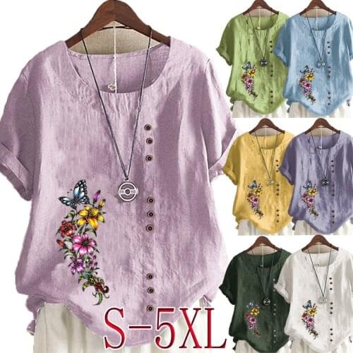 Womens summer casual cotton and linen printed blouse round neck short-sleeved plus size T-shirt loose solid color blouse