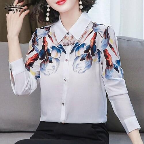 2020 New Spring and Autumn Elegant Retro Printed Mulberry Silk Shirt White Silk Shirt Womens Long-Sleeved Chemisier Femme 10720