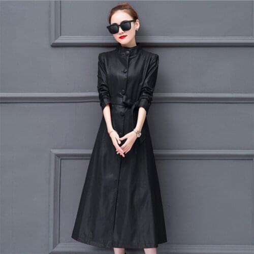 High-quality leather womens spring autumn long Slim slim skinny trench coat leathers coat womens loose plus size overcoat