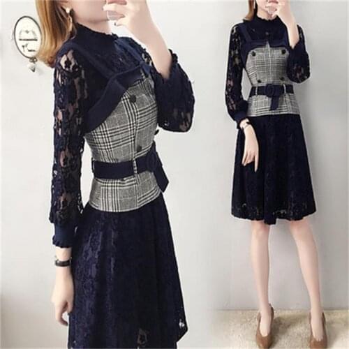 Fashion Plaid suit female New high-end autumn tide casual lace dress suit temperament two-piece suit women